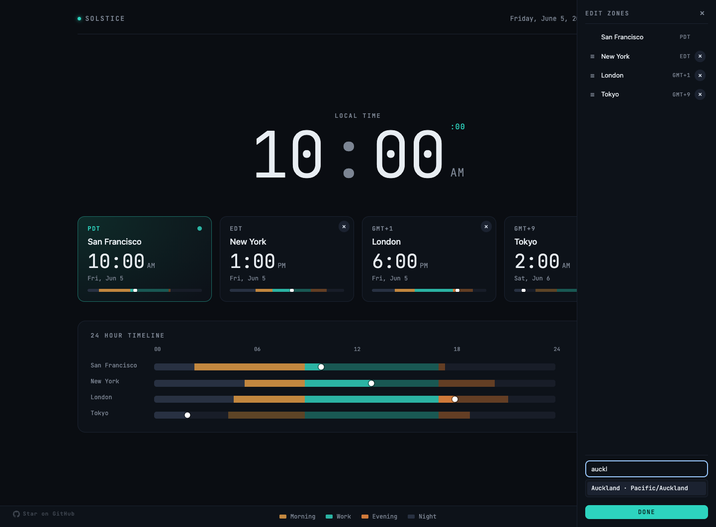 Solstice edit panel with reorderable zones and a city search field